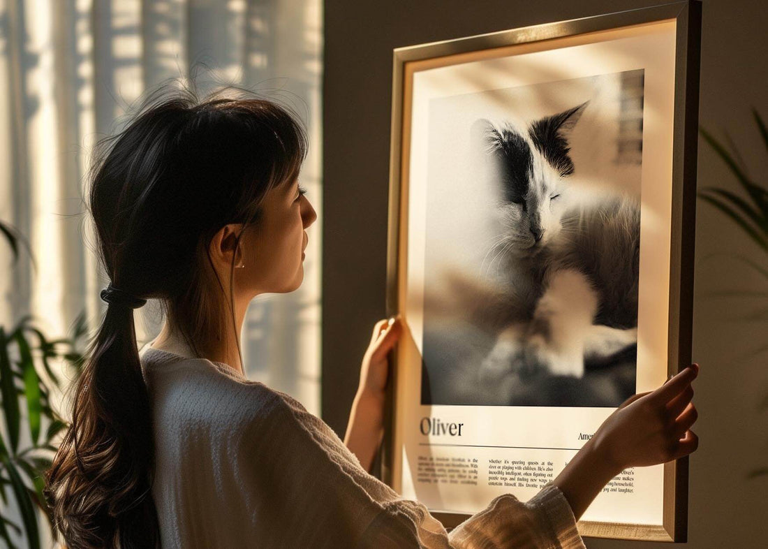woman holding a unique custom cat memorial gift idea. Cat memorial gifts are made by vogue paws custom pet art company and printed on paper and framed in black and white custom art