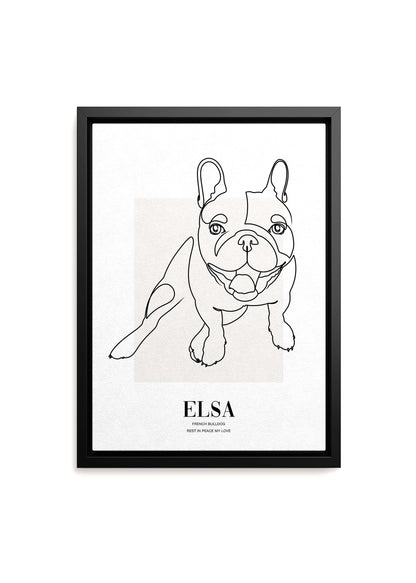 dog memorial line drawn pet art on canvas in black frame.