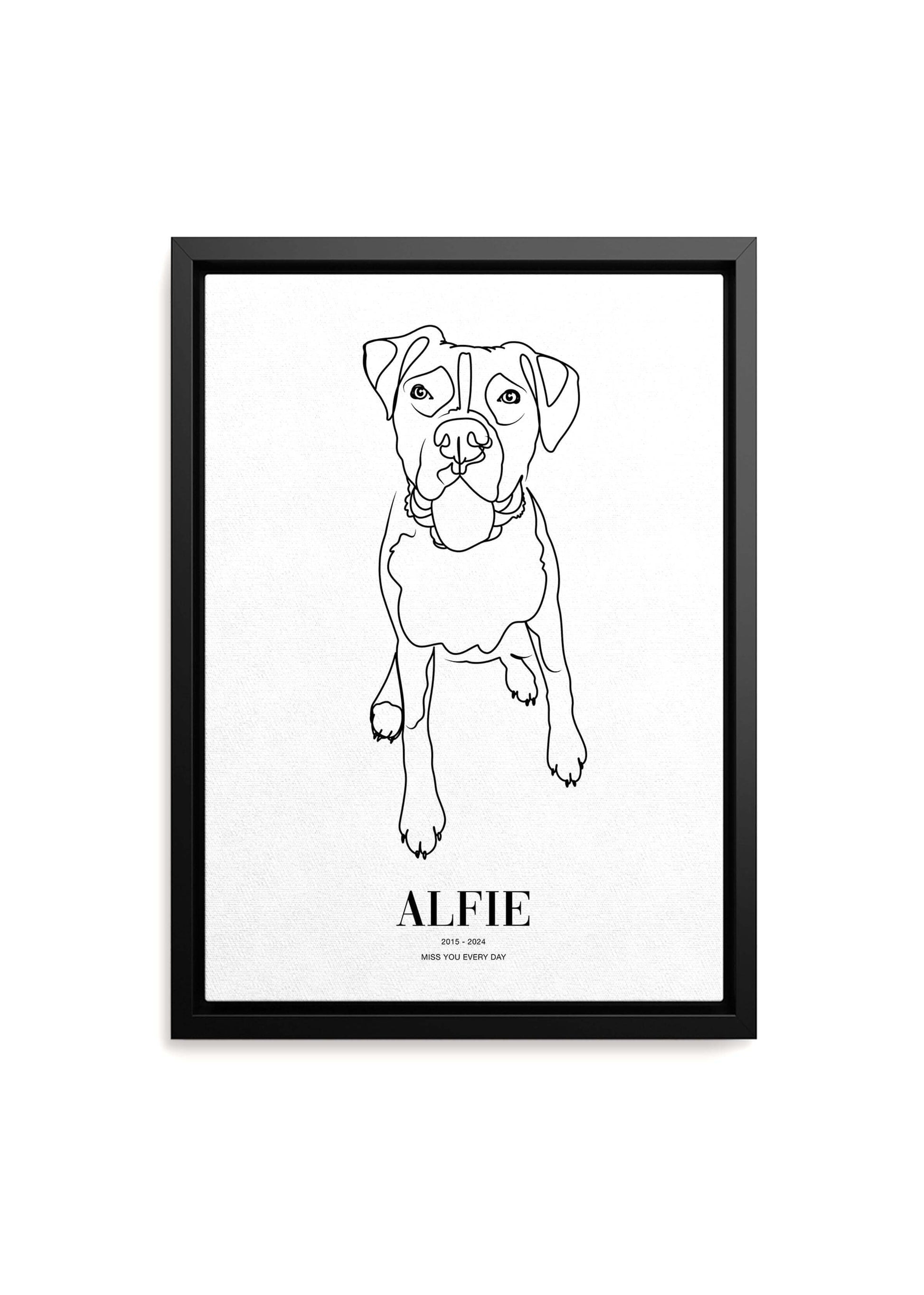 Dog memorial pet art line drawing on black framed canvas.