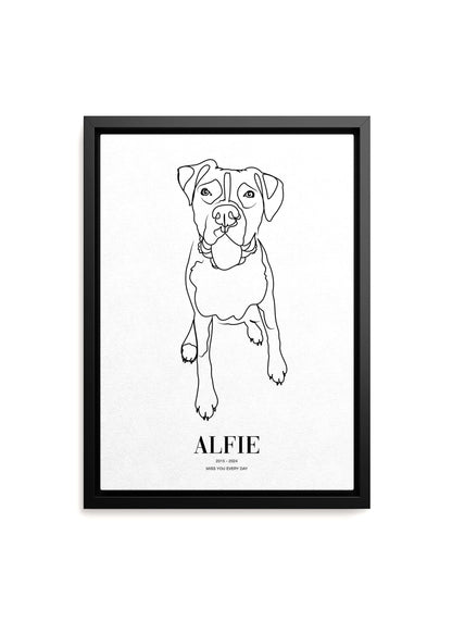 Dog memorial pet art line drawing on black framed canvas.