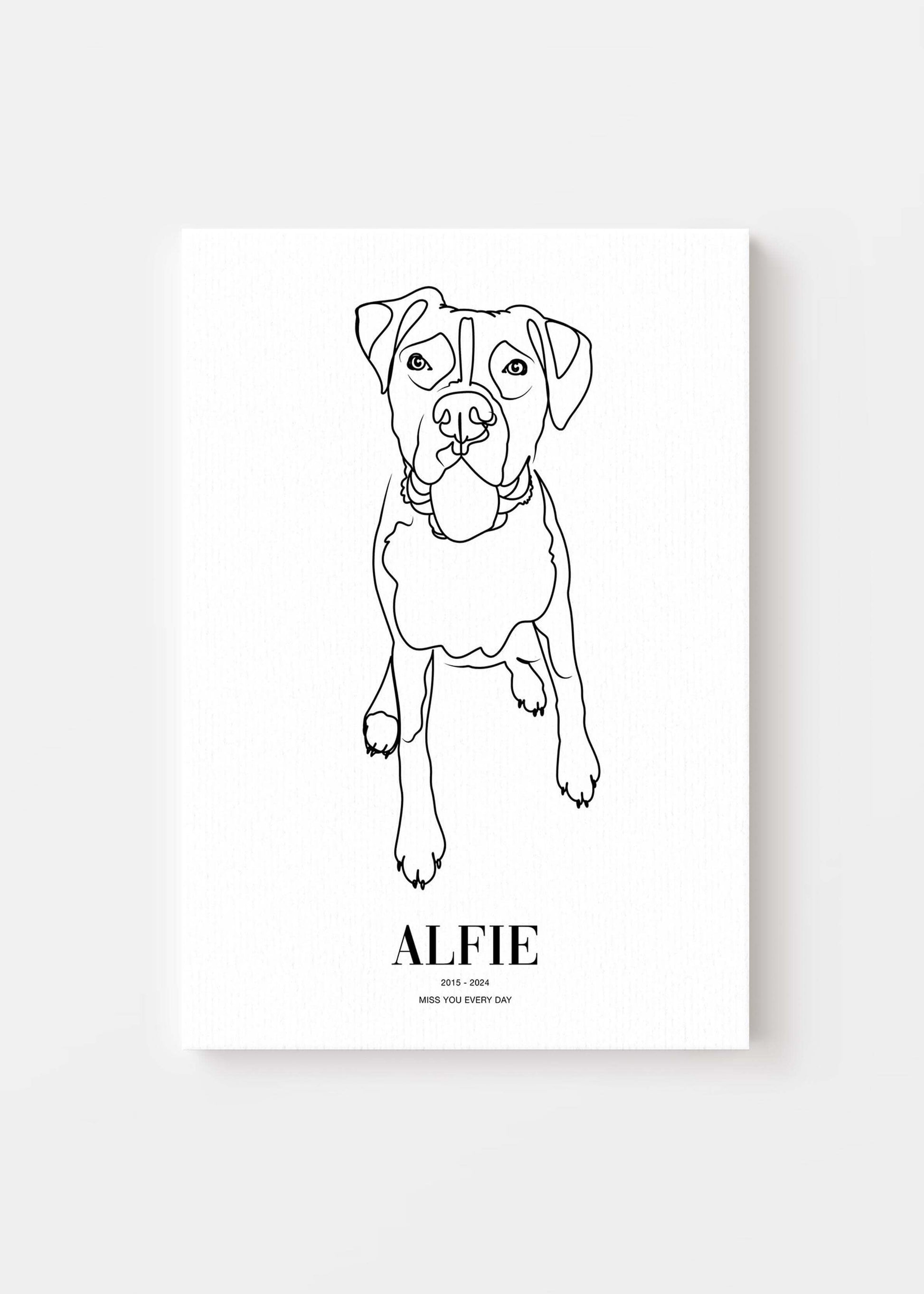 Dog memorial pet art line drawing on canvas.