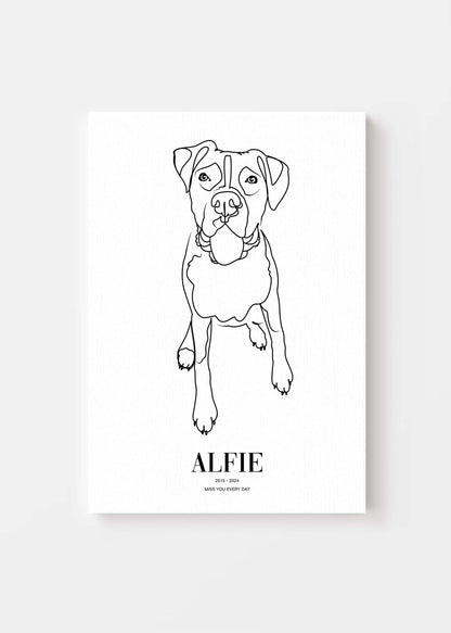 Dog memorial pet art line drawing on canvas.
