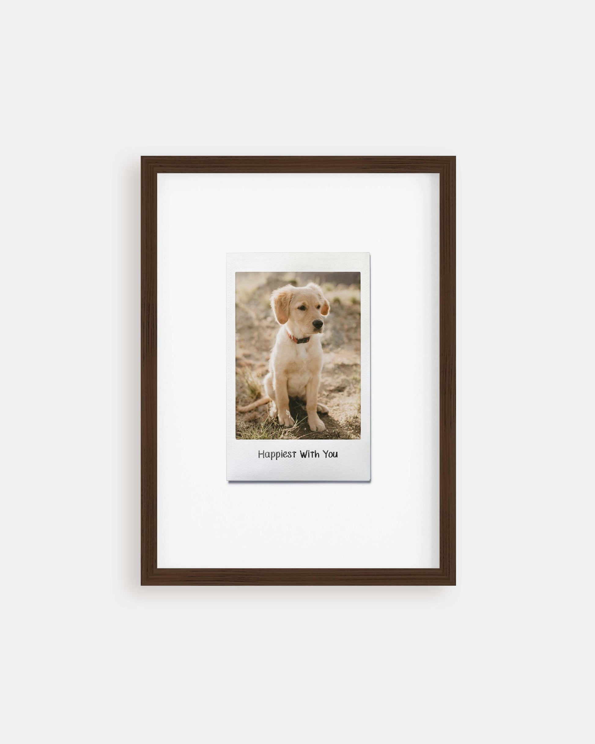 custom dog photo turned into instant film framed print in modern interior home decor. art made by vogue paws personalized pet portrait art made for gift ideas for dog mom and dog dad pet parents or as a pet memorial sympathy gift idea