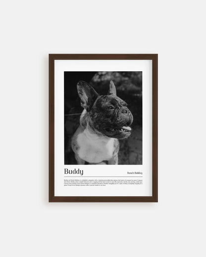 dog photo printed as black and white art and custom framed and personalized in modern home decor setting making a unique custom gift for dog mom and dog dad pet parents created by vogue paws personalized pet portraits