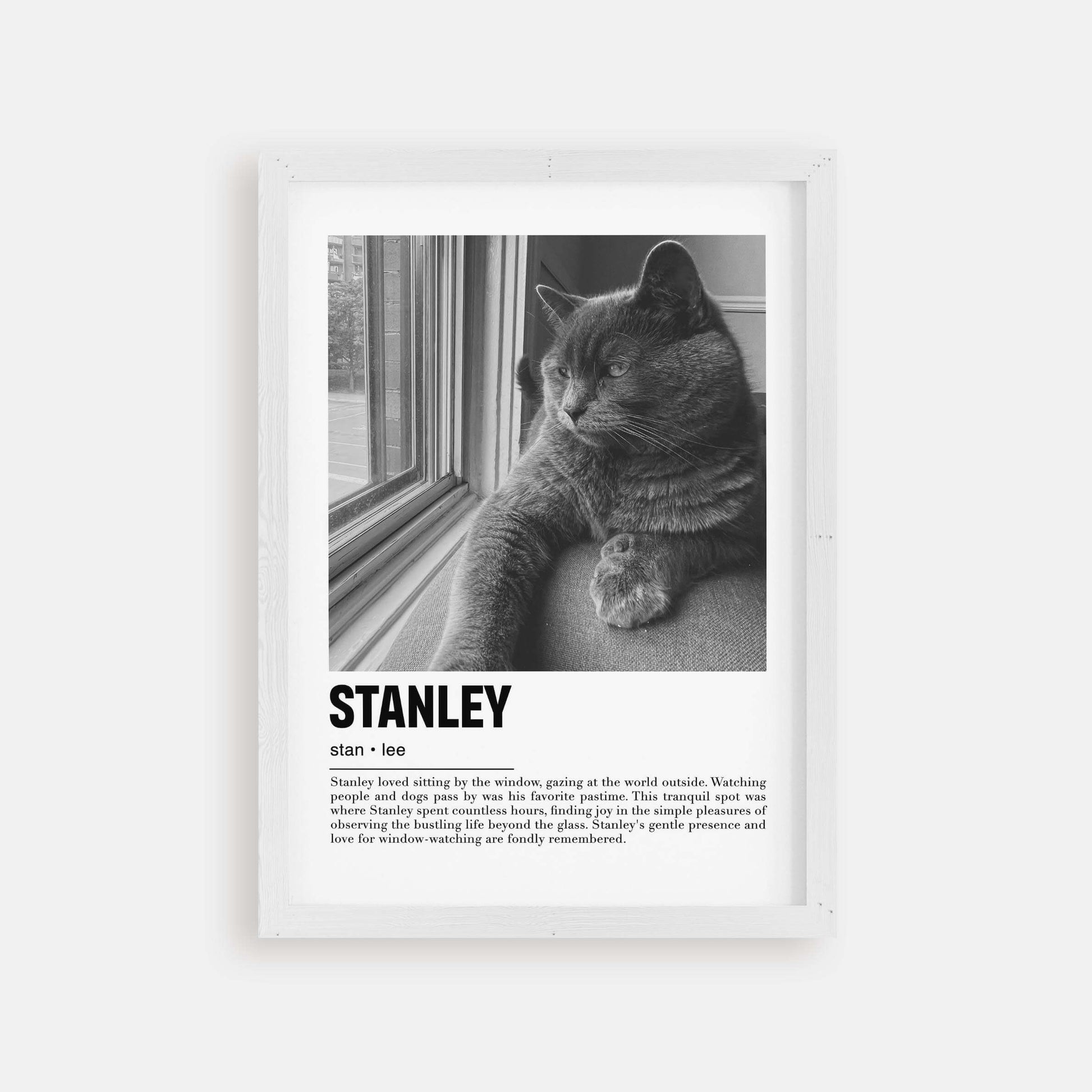 Personalized cat portrait in a picture frame with custom details, featuring a custom photo of a beloved feline. Ideal for custom pet portraits, this artwork serves as a beautiful cat memorial gift or personal pet art for the home. Perfect for custom pet frames, personalized pet portrait art, and custom cat artwork.