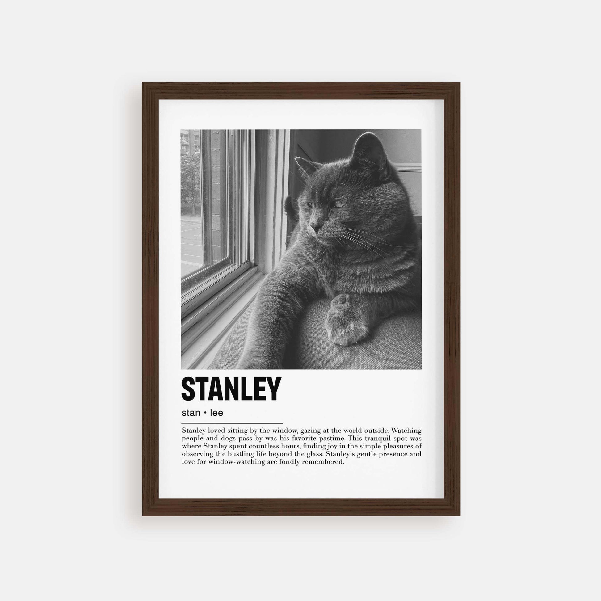 Personalized cat portrait in a picture frame with custom details, featuring a custom photo of a beloved feline. Ideal for custom pet portraits, this artwork serves as a beautiful cat memorial gift or personal pet art for the home. Perfect for custom pet frames, personalized pet portrait art, and custom cat artwork.