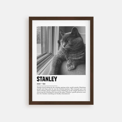 Personalized cat portrait in a picture frame with custom details, featuring a custom photo of a beloved feline. Ideal for custom pet portraits, this artwork serves as a beautiful cat memorial gift or personal pet art for the home. Perfect for custom pet frames, personalized pet portrait art, and custom cat artwork.