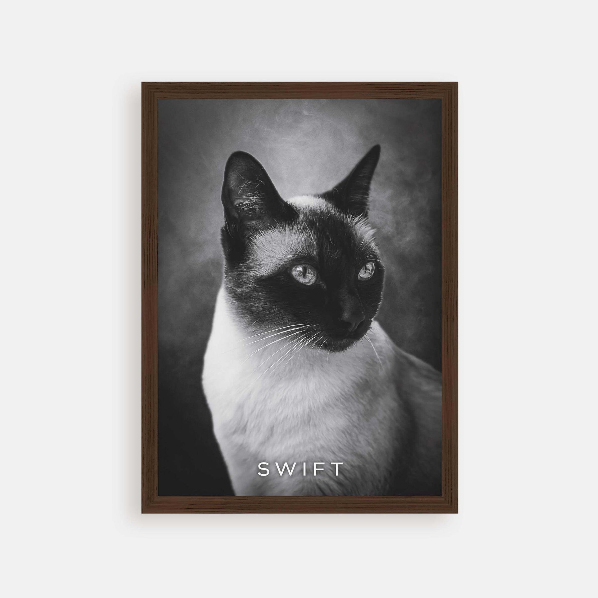 Personalized cat portrait in a picture frame with custom details, featuring a custom photo of a beloved feline. Ideal for custom pet portraits, this artwork serves as a beautiful cat memorial gift or personal pet art for the home. Perfect for custom pet frames, personalized pet portrait art, and custom cat artwork.