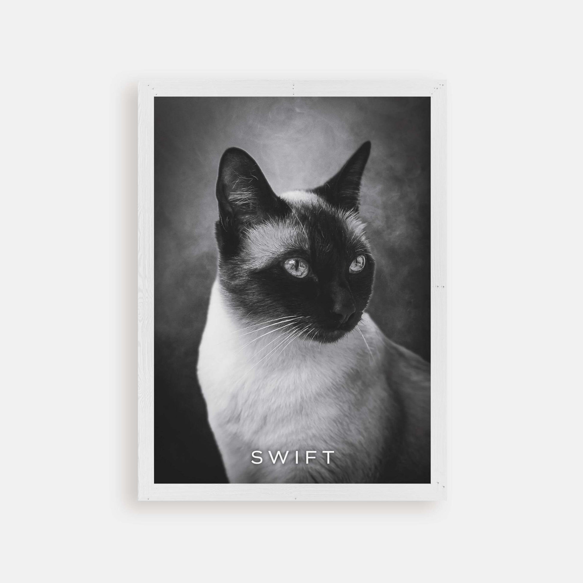 Personalized cat portrait in a picture frame with custom details, featuring a custom photo of a beloved feline. Ideal for custom pet portraits, this artwork serves as a beautiful cat memorial gift or personal pet art for the home. Perfect for custom pet frames, personalized pet portrait art, and custom cat artwork.