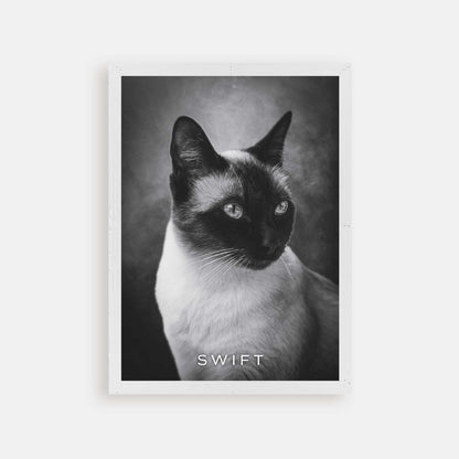 Personalized cat portrait in a picture frame with custom details, featuring a custom photo of a beloved feline. Ideal for custom pet portraits, this artwork serves as a beautiful cat memorial gift or personal pet art for the home. Perfect for custom pet frames, personalized pet portrait art, and custom cat artwork.