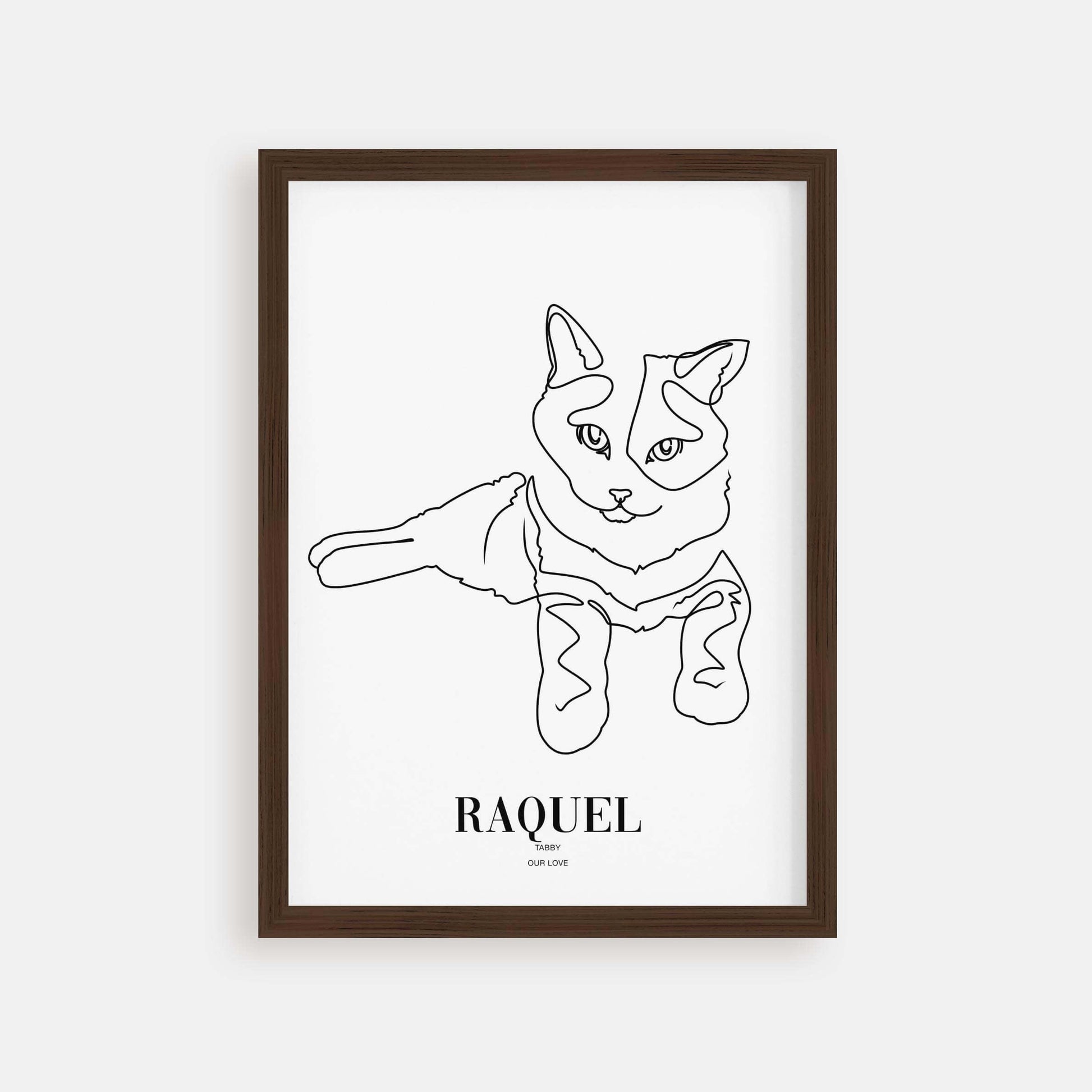 Personalized cat portrait in a picture frame with custom details, featuring a custom photo of a beloved feline. Ideal for custom pet portraits, this artwork serves as a beautiful cat memorial gift or personal pet art for the home. Perfect for custom pet frames, personalized pet portrait art, and custom cat artwork.