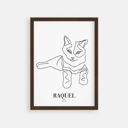 Personalized cat portrait in a picture frame with custom details, featuring a custom photo of a beloved feline. Ideal for custom pet portraits, this artwork serves as a beautiful cat memorial gift or personal pet art for the home. Perfect for custom pet frames, personalized pet portrait art, and custom cat artwork.