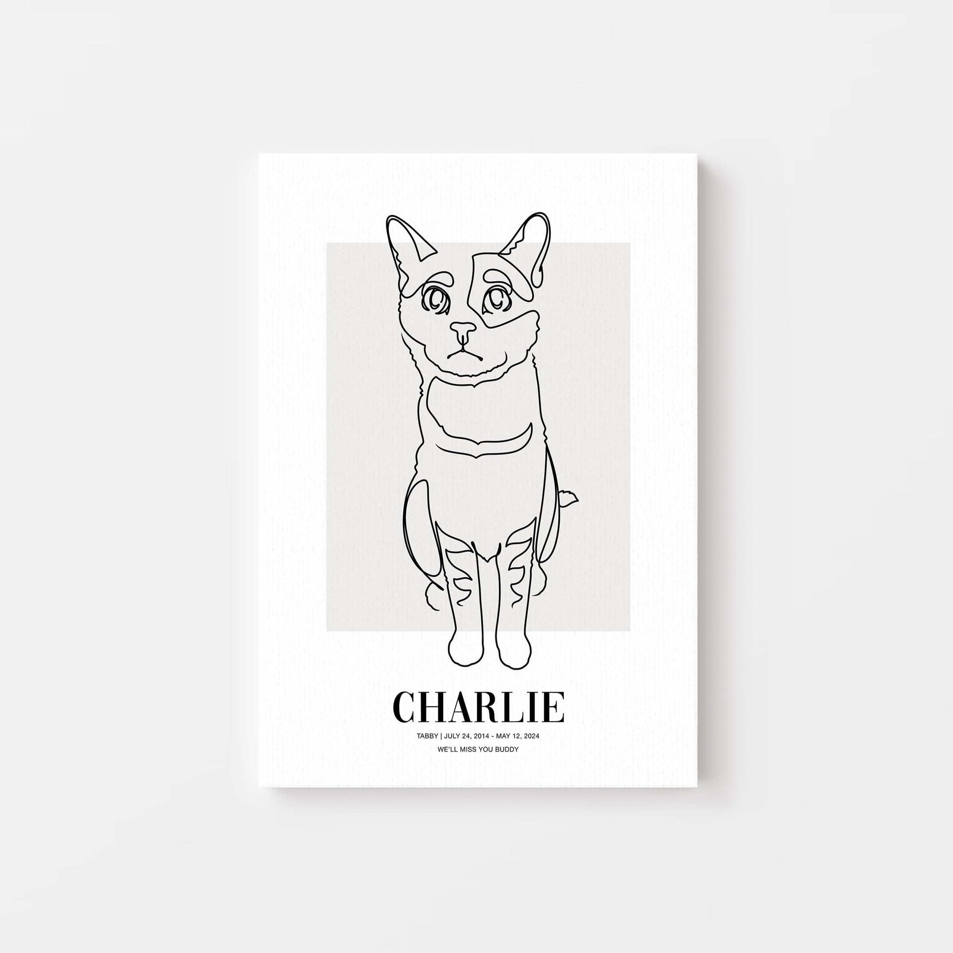 Personalized cat portrait on canvas with custom details, featuring a custom photo of a beloved feline. Ideal for custom pet portraits, this artwork serves as a beautiful cat memorial gift or personal pet art for the home. Perfect for custom pet canvas, personalized pet portrait art, and custom cat artwork.