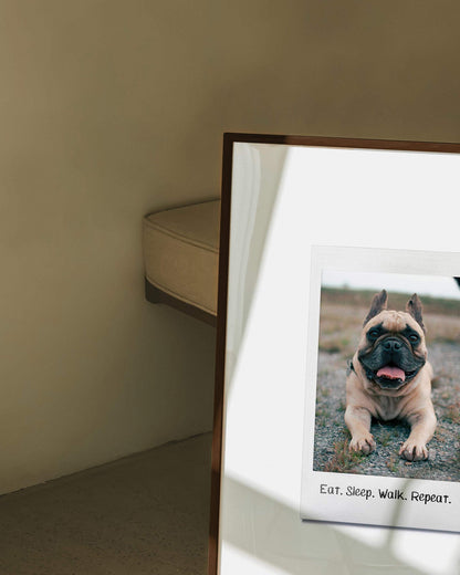 custom dog photo turned into instant film framed print in modern interior home decor. art made by vogue paws personalized pet portrait art made for gift ideas for dog mom and dog dad pet parents or as a pet memorial sympathy gift idea