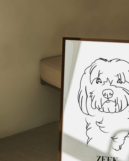 custom dog drawing line art in living room by vogue paws who specialize in personalized pet portraits for the home and gift ideas like pet memorial tribute art or dog mom and dog dad pet parent gift ideas.