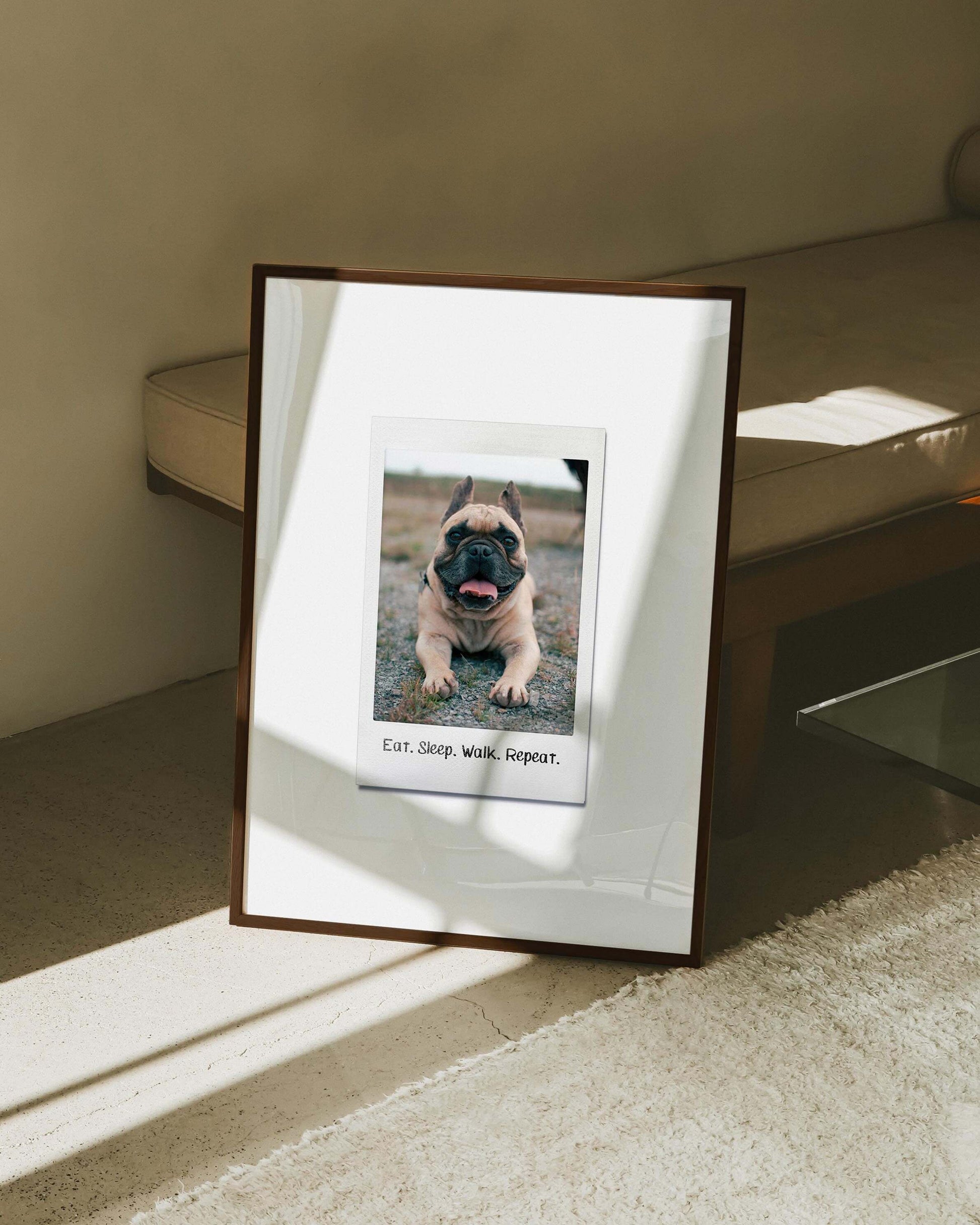custom dog photo turned into instant film framed print in modern interior home decor. art made by vogue paws personalized pet portrait art made for gift ideas for dog mom and dog dad pet parents or as a pet memorial sympathy gift idea