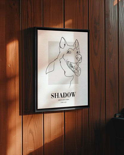 custom line drawn dog portrait printed on canvas and mounted in a unique home decor as a gift for a dog mom or dog dad pet parent made by vogue paws who specialize in personalized pet portrait gifts