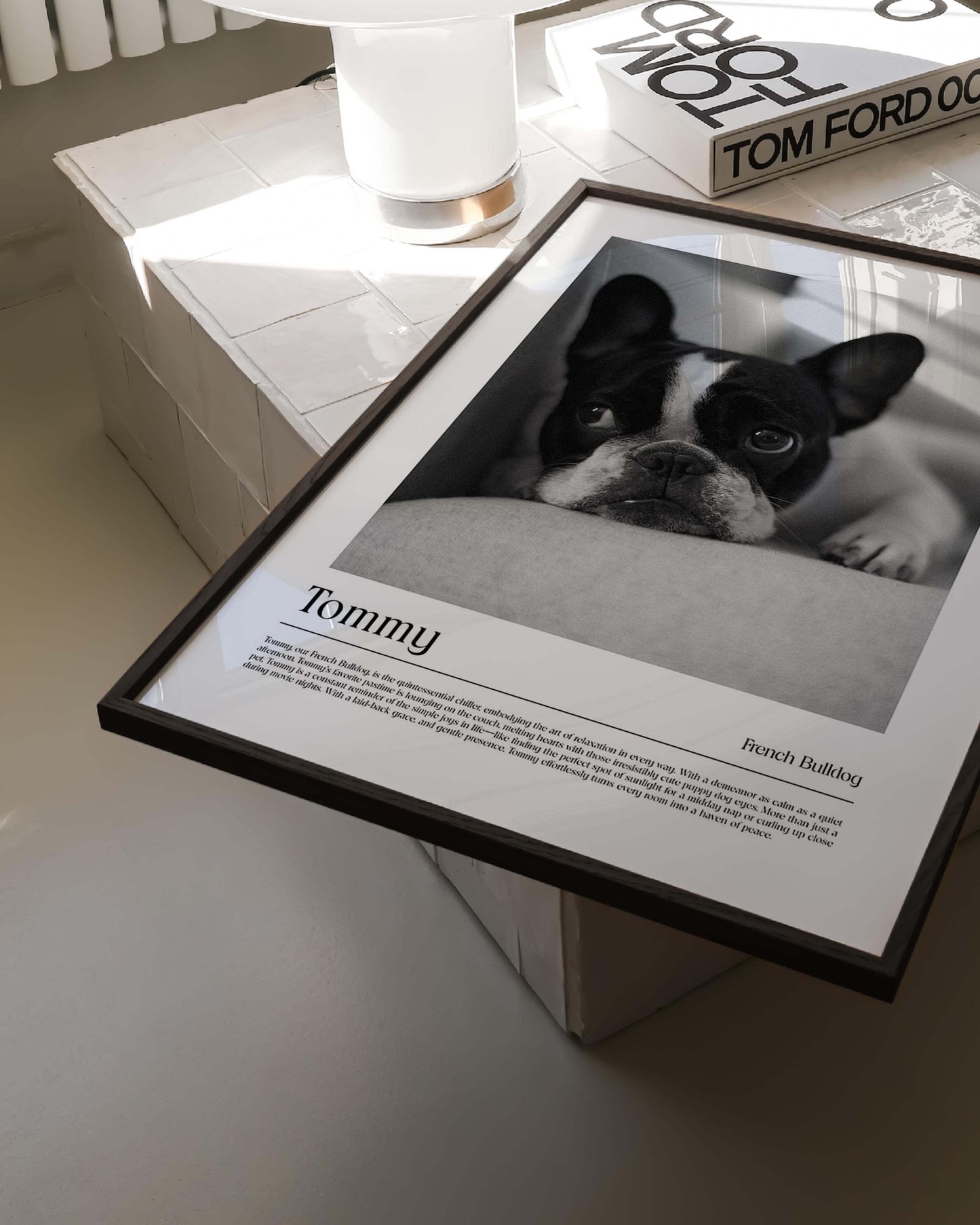 dog photo printed as black and white art and custom framed and personalized in modern home decor setting making a unique custom gift for dog mom and dog dad pet parents created by vogue paws personalized pet portraits