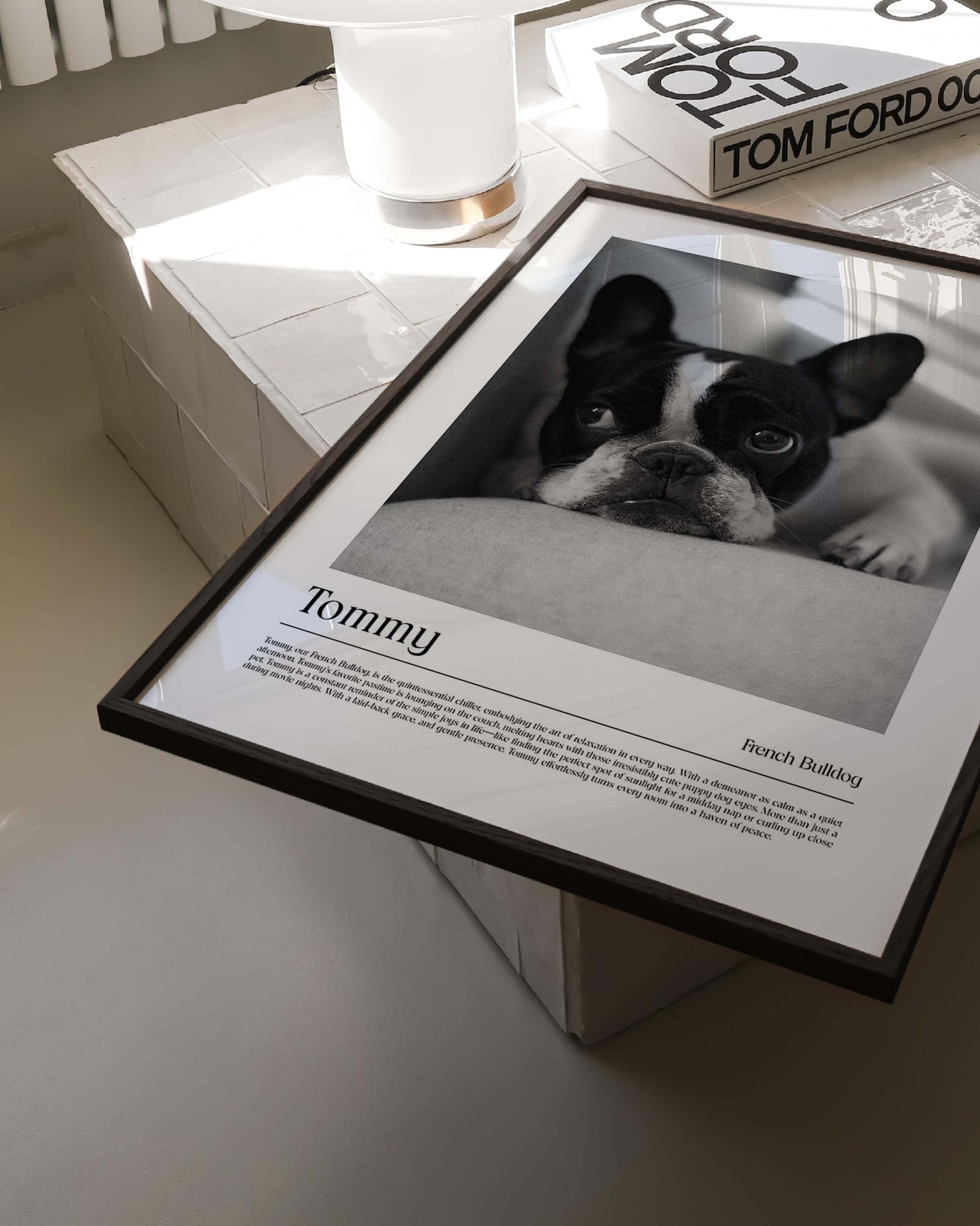 dog photo printed as black and white art and custom framed and personalized in modern home decor setting making a unique custom gift for dog mom and dog dad pet parents created by vogue paws personalized pet portraits