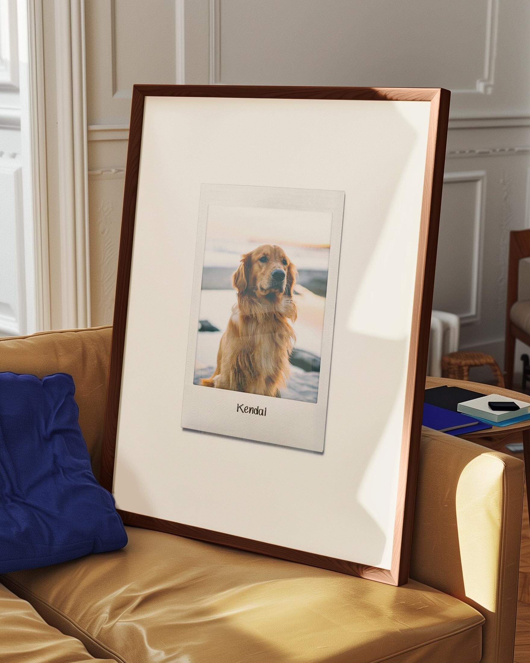 custom dog photo turned into instant film framed print in modern interior home decor. art made by vogue paws personalized pet portrait art made for gift ideas for dog mom and dog dad pet parents or as a pet memorial sympathy gift idea