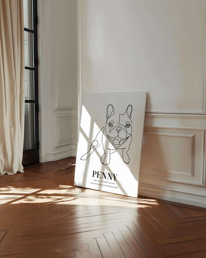 french bulldog print line drawing custom art on canvas and mounted on wall of contemporary home decor living space creating a unique custom gift idea for dog mom and dog dad pet parents made by vogue paws personalized pet portrait dog art