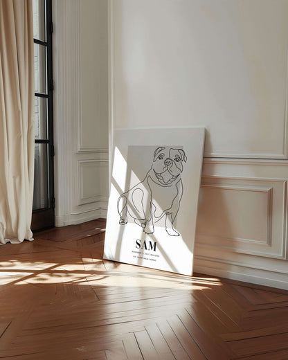custom line drawn dog portrait printed on canvas and mounted in a unique home decor as a gift for a dog mom or dog dad pet parent made by vogue paws who specialize in personalized pet portrait gifts