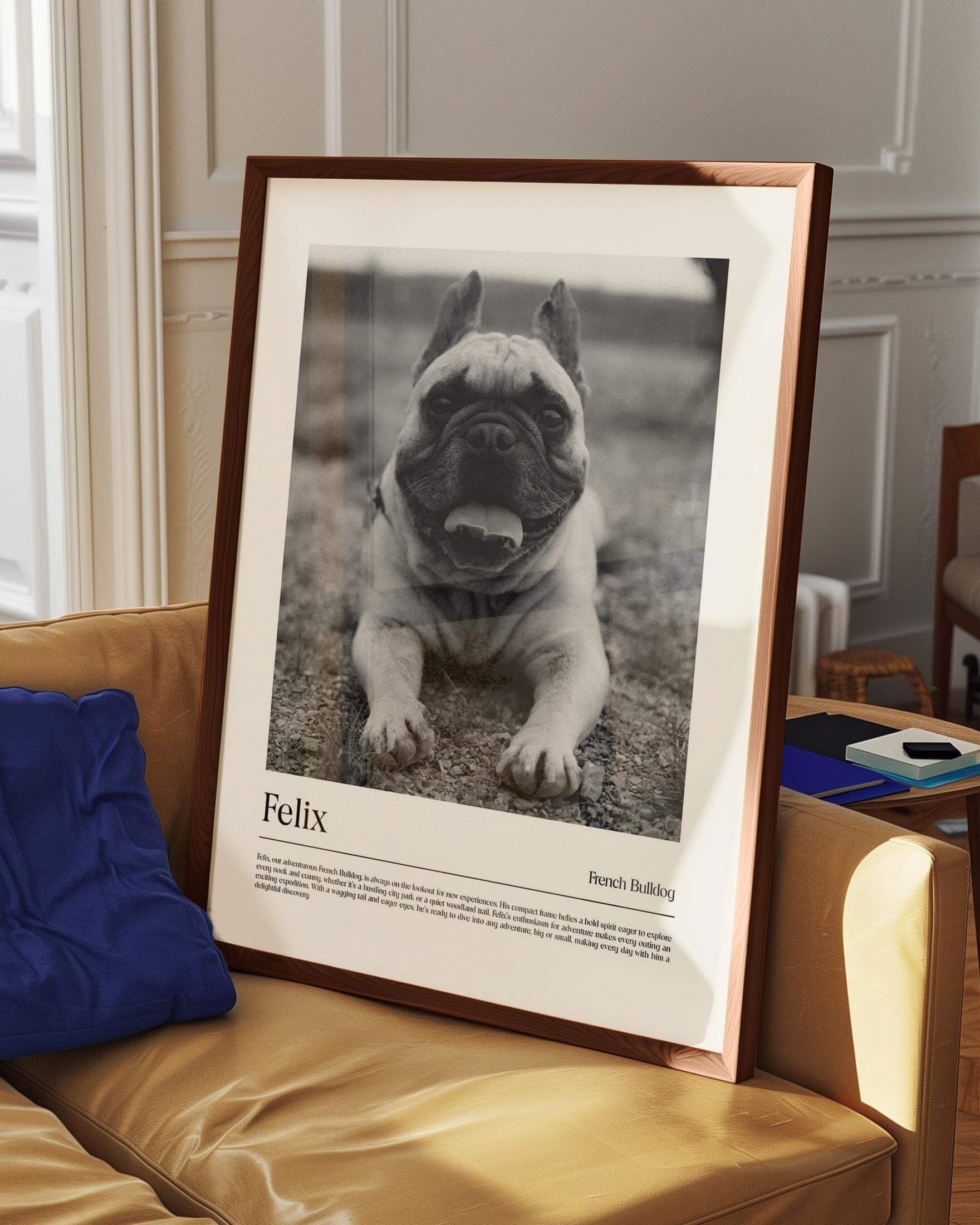 dog photo printed as black and white art and custom framed and personalized in modern home decor setting making a unique custom gift for dog mom and dog dad pet parents created by vogue paws personalized pet portraits