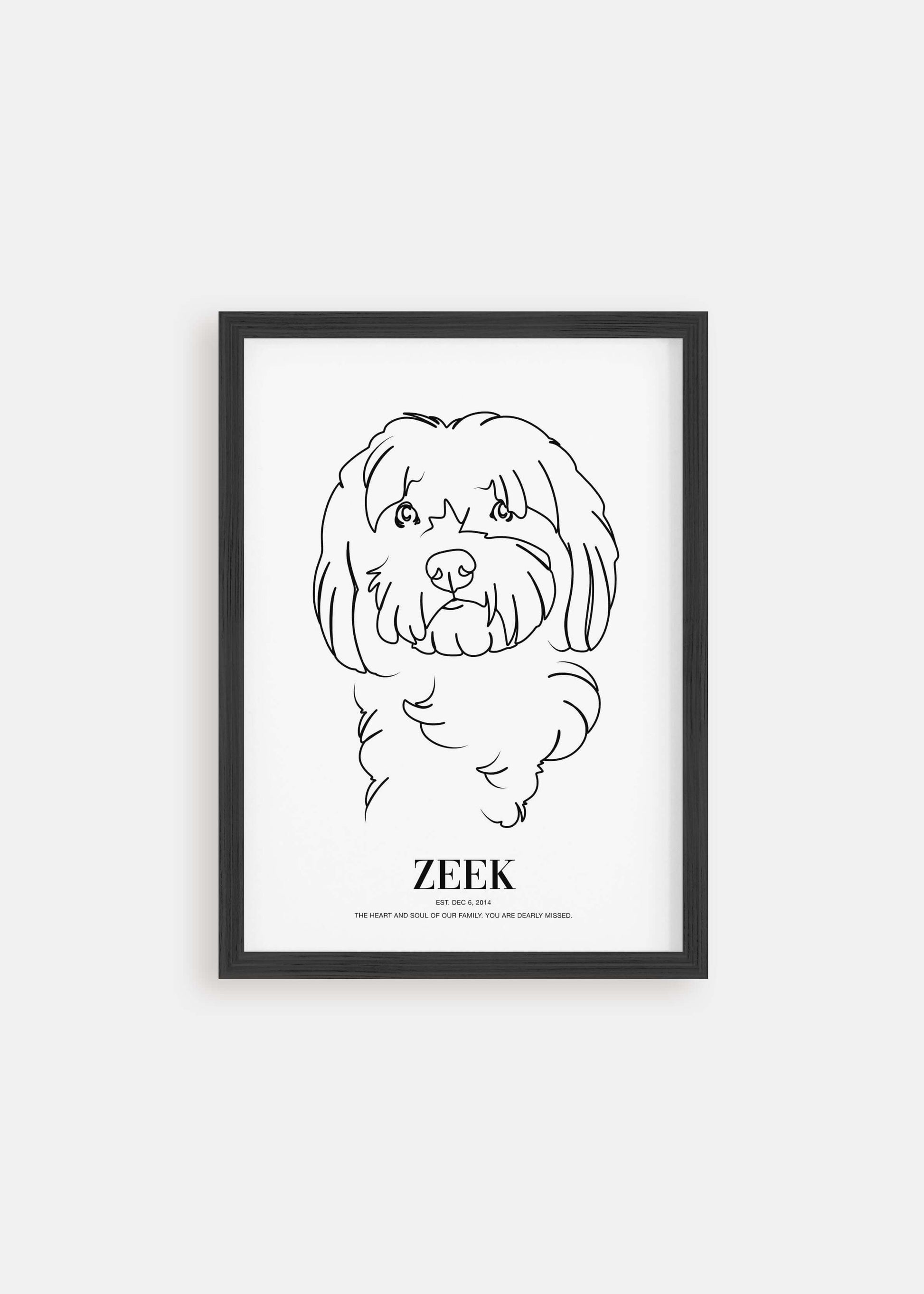Dog memorial line drawn pet art in black framed poster