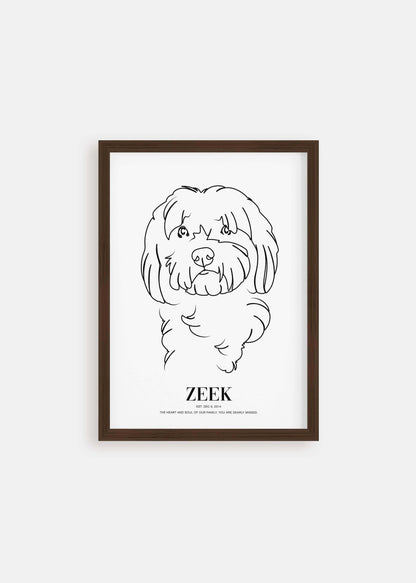 Dog memorial line drawn pet art in walnut framed poster