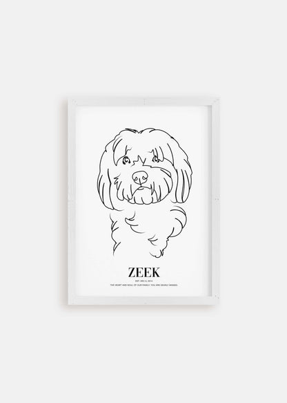 Dog memorial line drawn pet art in white framed poster