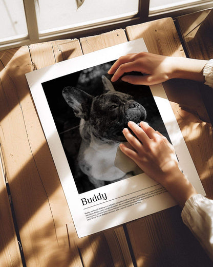 dog photo printed as black and white art and custom framed and personalized in modern home decor setting making a unique custom gift for dog mom and dog dad pet parents created by vogue paws personalized pet portraits