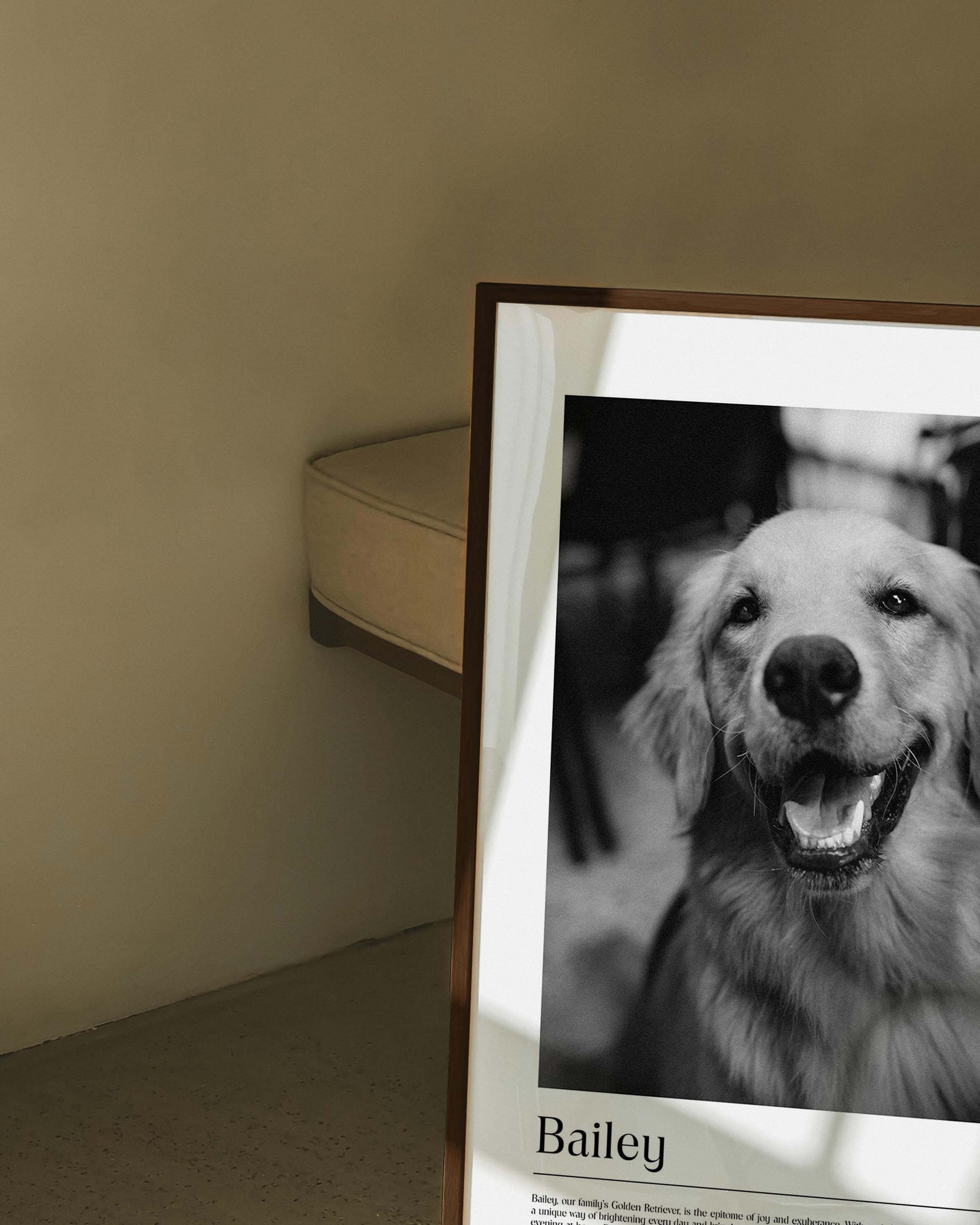 dog photo printed as black and white art and custom framed and personalized in modern home decor setting making a unique custom gift for dog mom and dog dad pet parents created by vogue paws personalized pet portraits