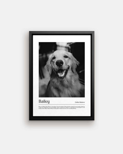 Golden retriever dog photo printed as black and white art and custom framed and personalized in modern home decor setting making a unique custom gift for dog mom and dog dad pet parents created by vogue paws personalized pet portraits