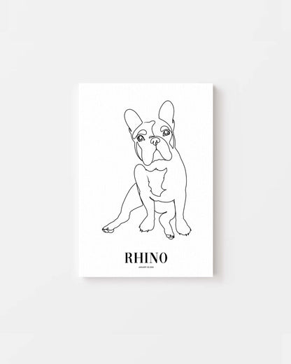 french bulldog print line drawing custom art on canvas and mounted on wall of contemporary home decor living space creating a unique custom gift idea for dog mom and dog dad pet parents made by vogue paws personalized pet portrait dog art