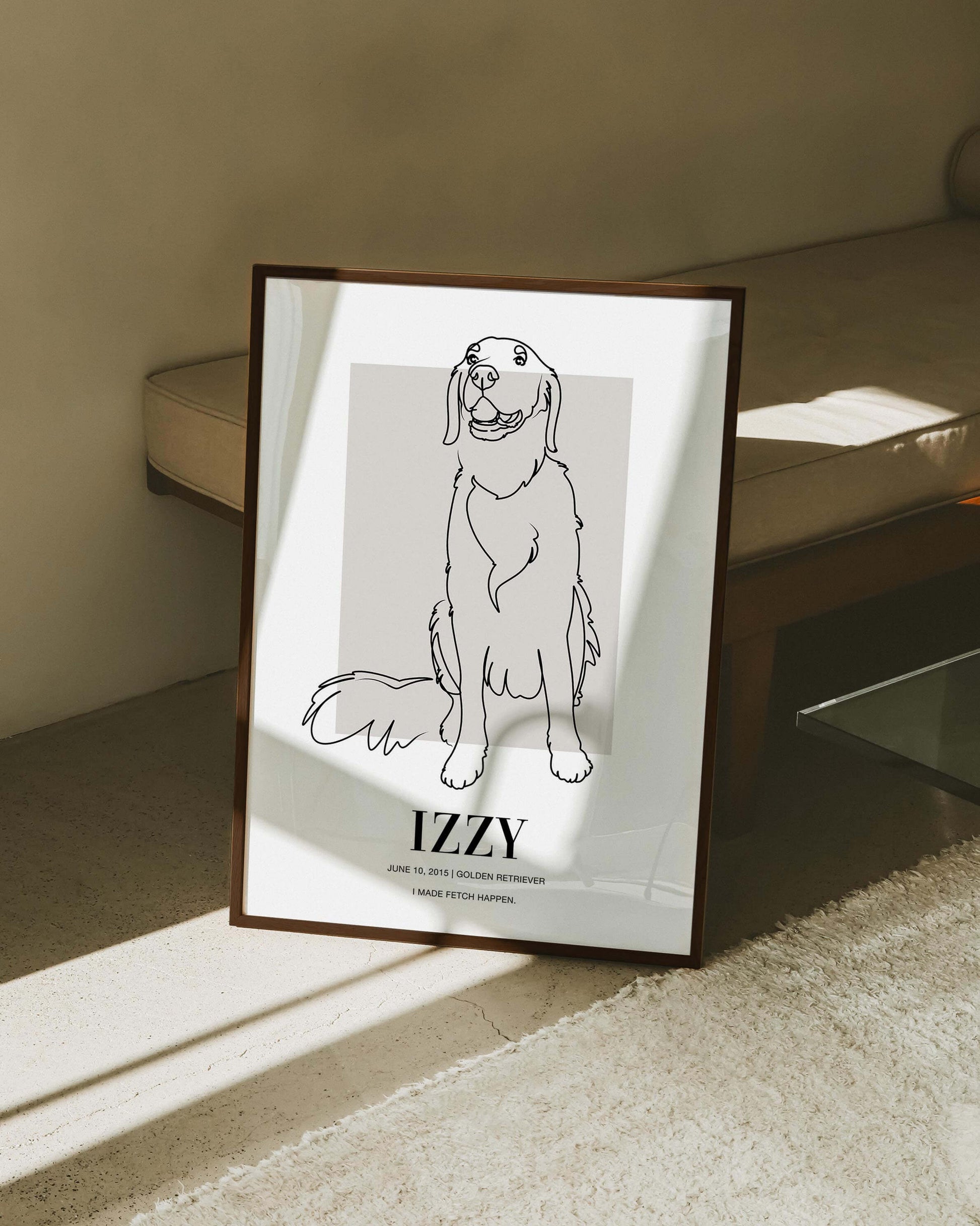 custom dog drawing line art in living room by vogue paws who specialize in personalized pet portraits for the home and gift ideas like pet memorial tribute art or dog mom and dog dad pet parent gift ideas.