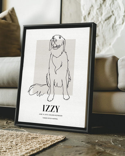 custom line drawn dog portrait printed on canvas and mounted in a unique home decor as a gift for a dog mom or dog dad pet parent made by vogue paws who specialize in personalized pet portrait gifts