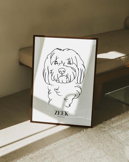 custom dog drawing line art in living room by vogue paws who specialize in personalized pet portraits for the home and gift ideas like pet memorial tribute art or dog mom and dog dad pet parent gift ideas.