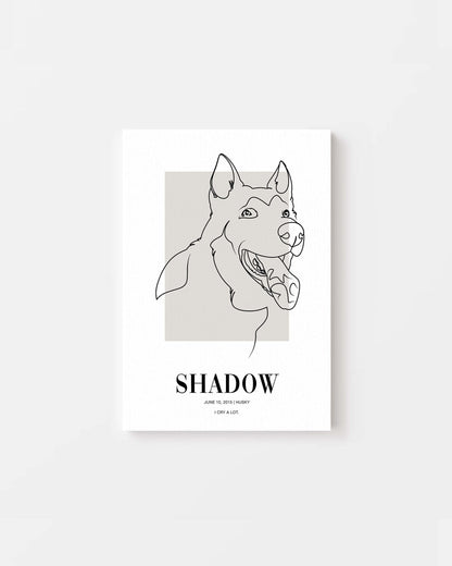 custom line drawn dog portrait printed on canvas and mounted in a unique home decor as a gift for a dog mom or dog dad pet parent made by vogue paws who specialize in personalized pet portrait gifts