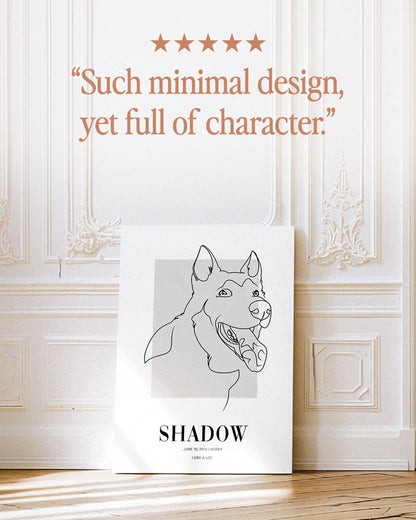 custom line drawn dog portrait printed on canvas and mounted in a unique home decor as a gift for a dog mom or dog dad pet parent made by vogue paws who specialize in personalized pet portrait gifts