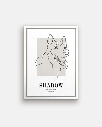 custom line drawn dog portrait printed on canvas and mounted in a unique home decor as a gift for a dog mom or dog dad pet parent made by vogue paws who specialize in personalized pet portrait gifts